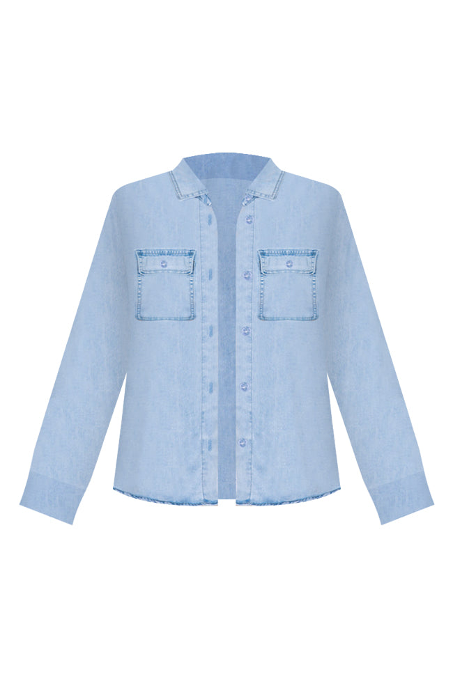 Tell Me Anything Chambray Light Wash Button Front Blouse FINAL SALE Browse Cheap Online