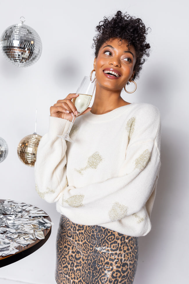 Pop The Bubbly Glitter Wine Glass Embroidered Cream Sweater SALE Sale Free Shipping