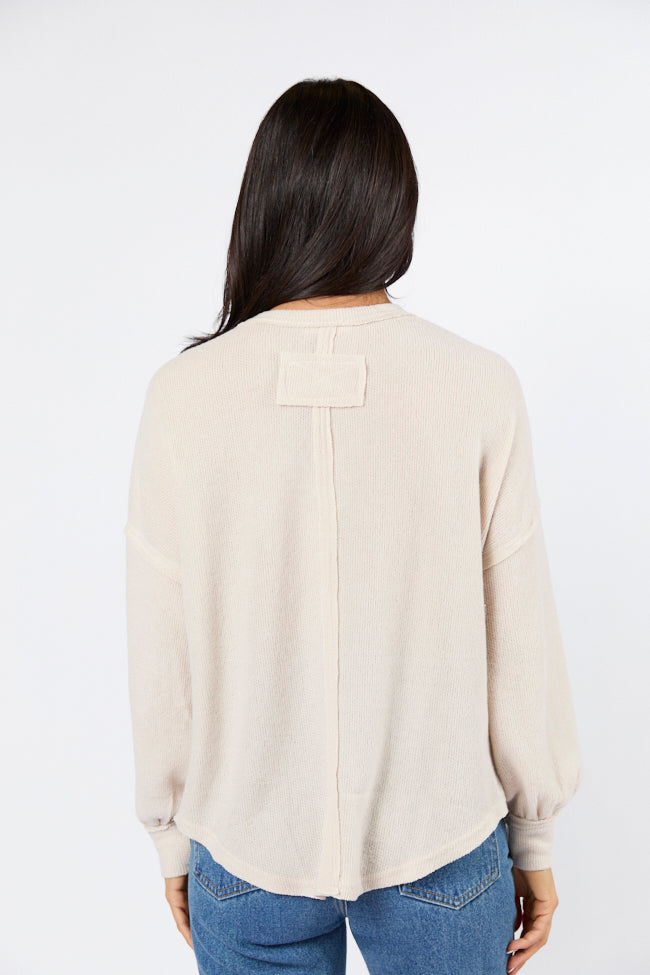 Any Other Way Oatmeal Brushed Rib Henley Knit Long Sleeve Top Clearance Factory Outlet