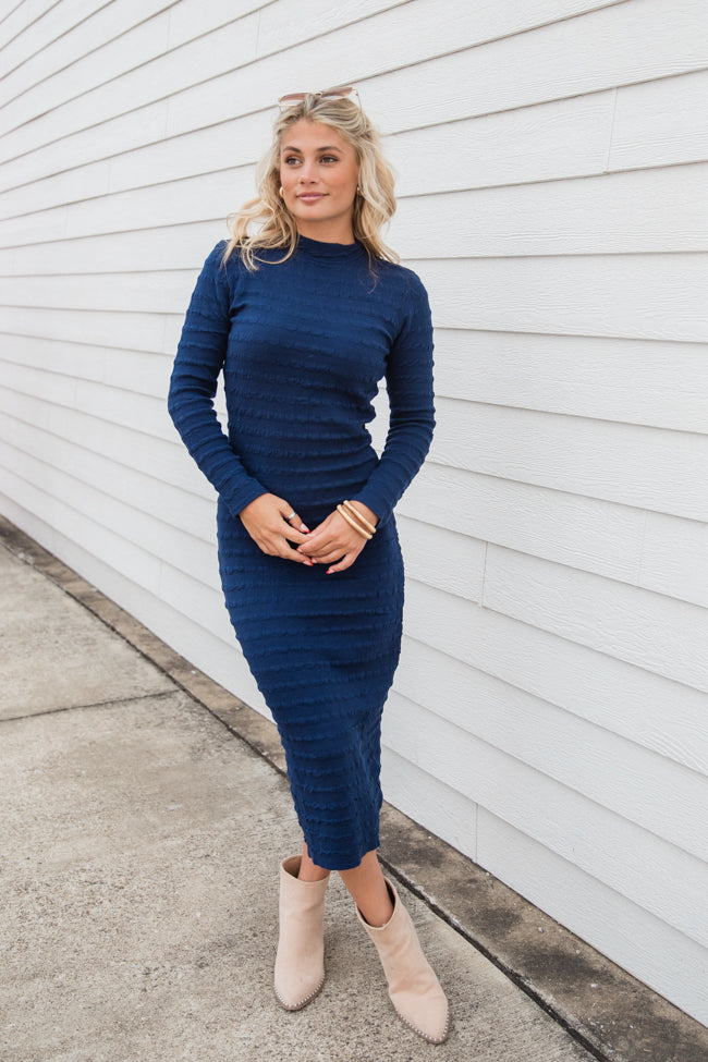 So Stylish Navy Textured Column Midi Dress Free Shipping Purchase