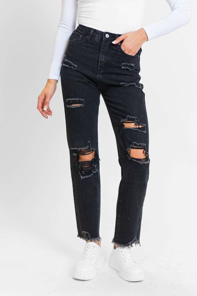 Megan Black Wash Distressed Straight Leg Mom Jeans Cheap Sale Reliable