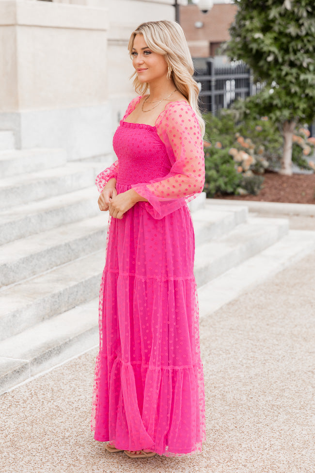 Figuring It Out Hot Pink Off The Shoulder Daisy Mesh Tiered Maxi Dress FINAL SALE Discount Collections