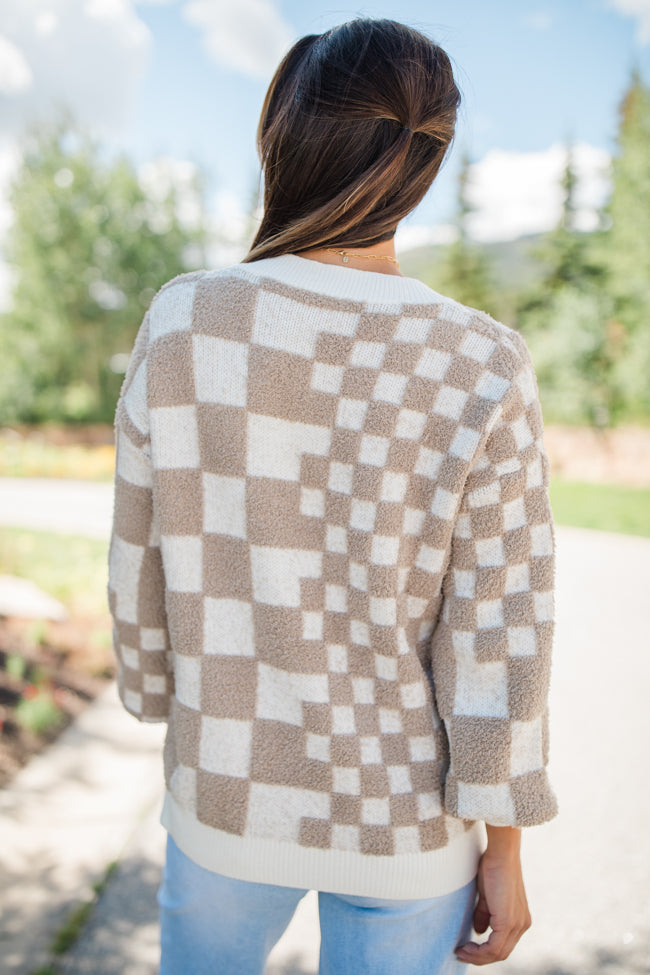 Warm Hearts Taupe Fuzzy Checkered V-neck Sweater FINAL SALE Sale Wiki