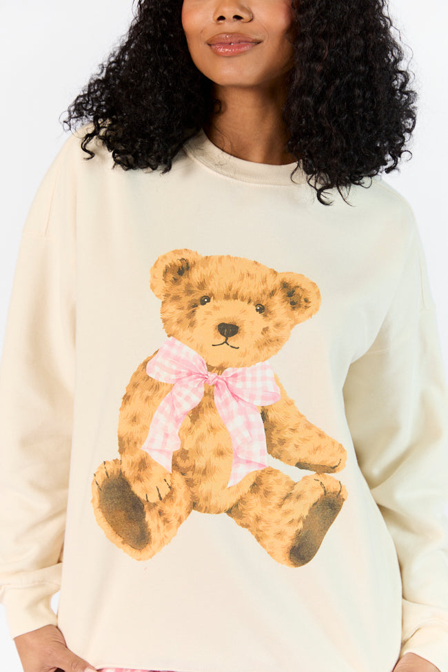 Vintage Teddy Bear Gingham Bow Cream Oversized Graphic Sweatshirt Free Shipping Top Quality