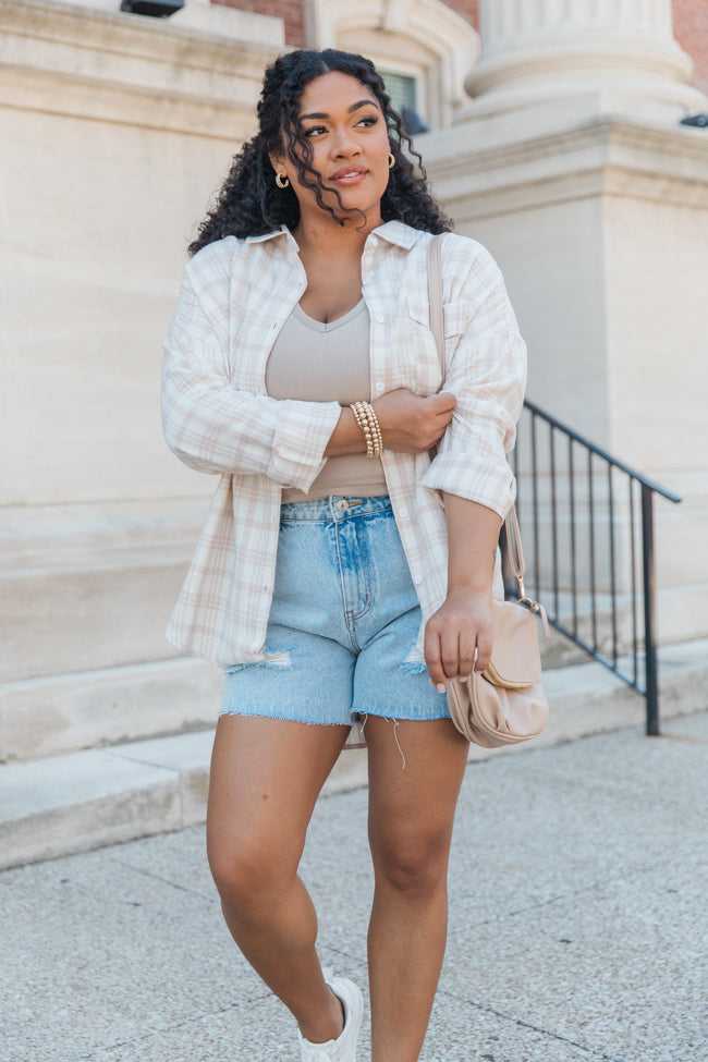 Made Me Realize Ivory And Tan Plaid Oversized Button Front Shirt Get Authentic