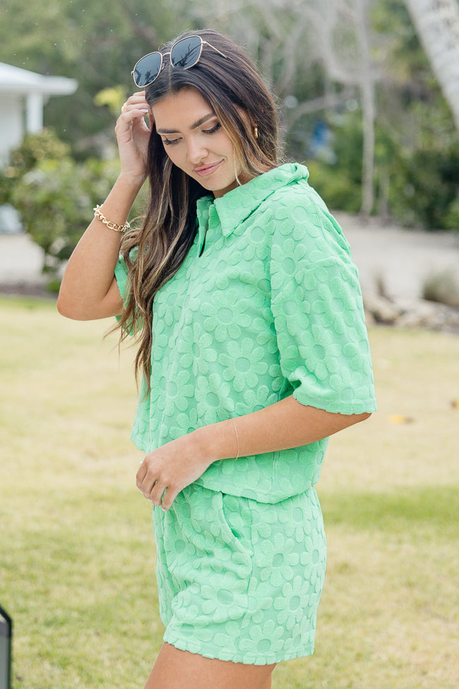 Can't Stay AwayGreen Daisy Terry Collared Lounge Top FINAL SALE