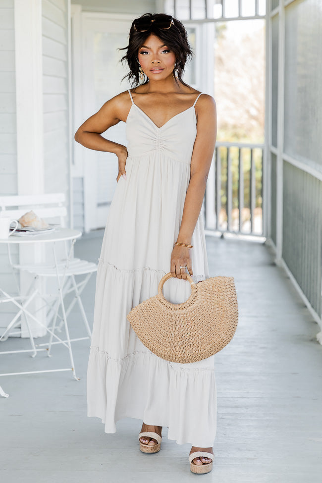 Worth Your While Beige Tiered Maxi Dress FINAL SALE Sale Extremely