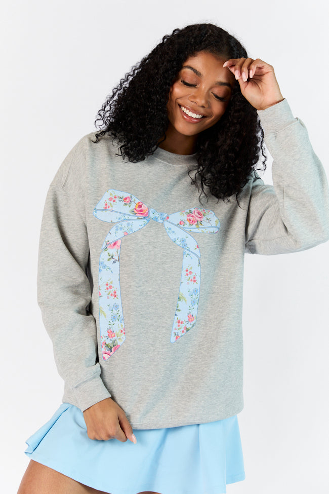 Vintage Floral Printed Bow Light Grey Oversized Graphic Sweatshirt Cheap Low Pice