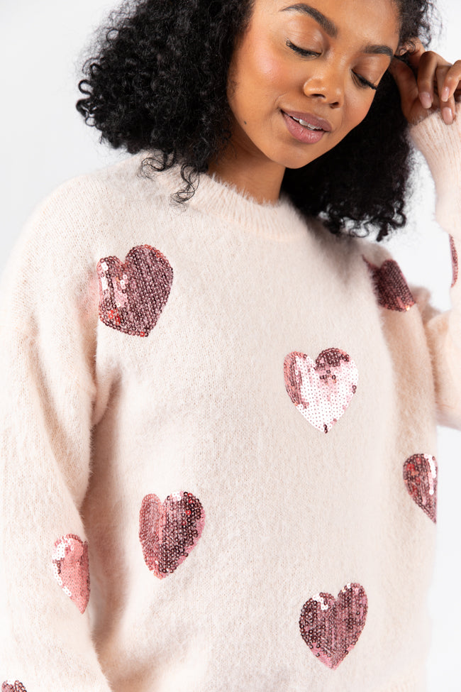 True Romance Blush Sequin Heart Sweater FINAL SALE Discount Low Cost