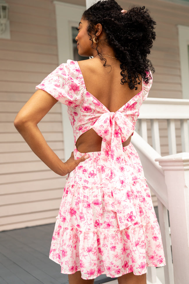 Calling Perfection Pink Floral Dress With Back Bow Detail Free Shipping Low Pice Fee Shipping