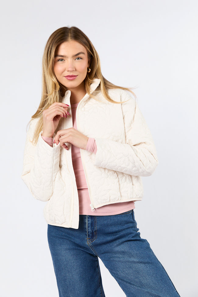 Full Bloom Cream Flower Quilted Zip Up Jacket Sale Affordable