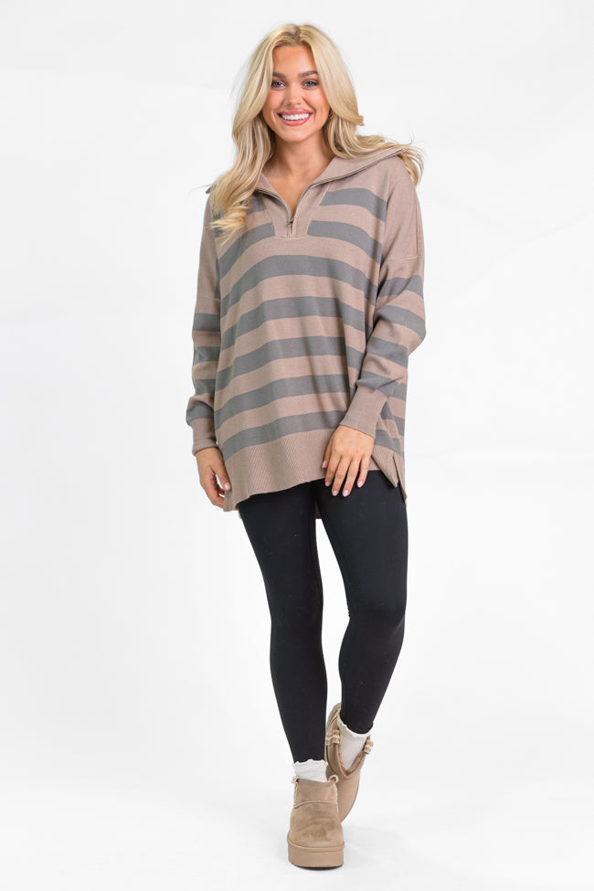 Pulling Heartstrings Taupe Striped Quarter Zip Pullover Quality From China Wholesale