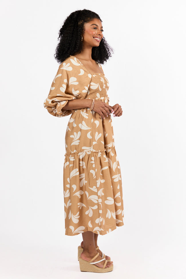 Swing Of Things Neutral Printed Smocked Midi Dress Hot Sale Online