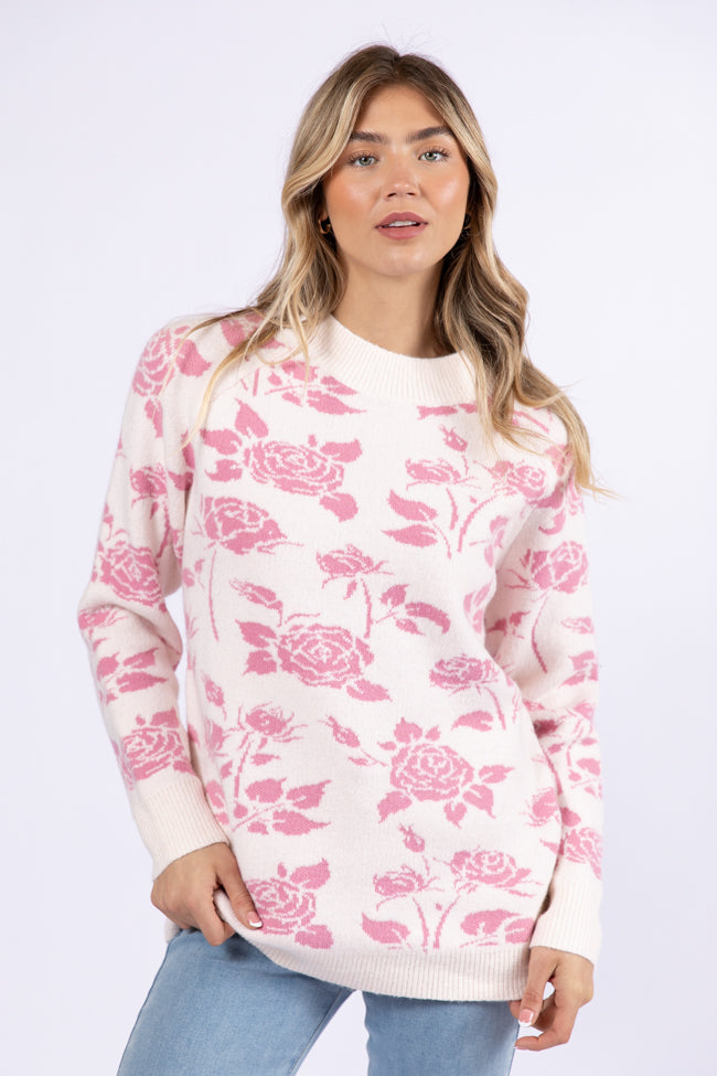 Feeling Like Love Ivory and Pink Floral Crew Neck Sweater SALE For Sale Online