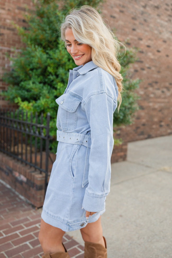 Plain Optimism Light Wash Belted Denim Dress FINAL SALE For Nice