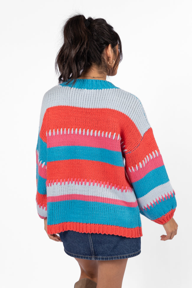 Something Extra Blue Multi Stripe Chunky Knit Stitch Detail Sweater Outlet Pay With Paypal