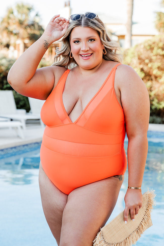 Lost In The Waves Bright Orange V-Neck One Piece Swimsuit FINAL SALE Clearance Wholesale Pice