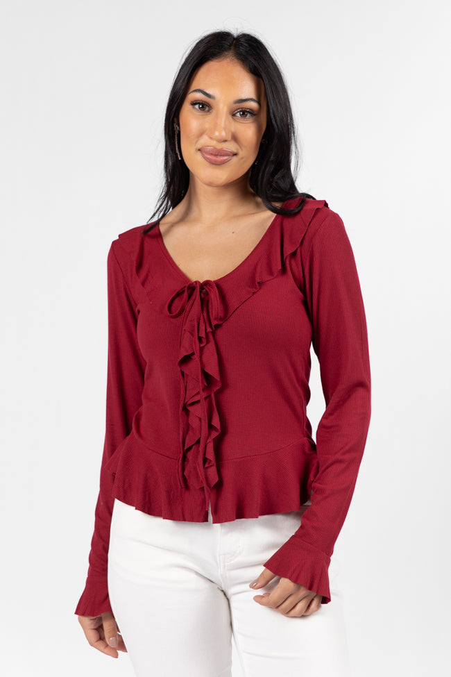 Treat You The Same Wine Ruffle Detail Ribbed Blouse FINAL SALE Cheap Sale The Cheapest