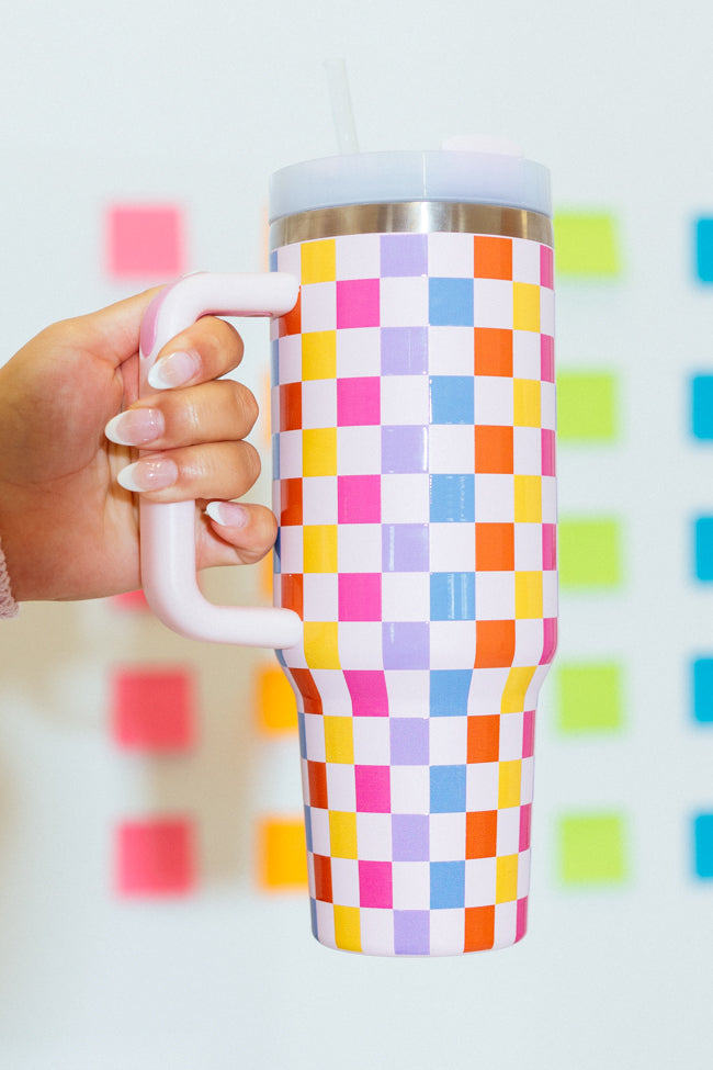 Sippin' Pretty Multicolor Checkered 40 oz Drink Tumbler With Lid And Straw FINAL SALE