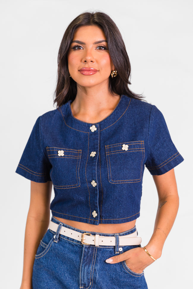 Little Details Dark Wash Denim Button Front Crop Blouse FINAL SALE Cost Online