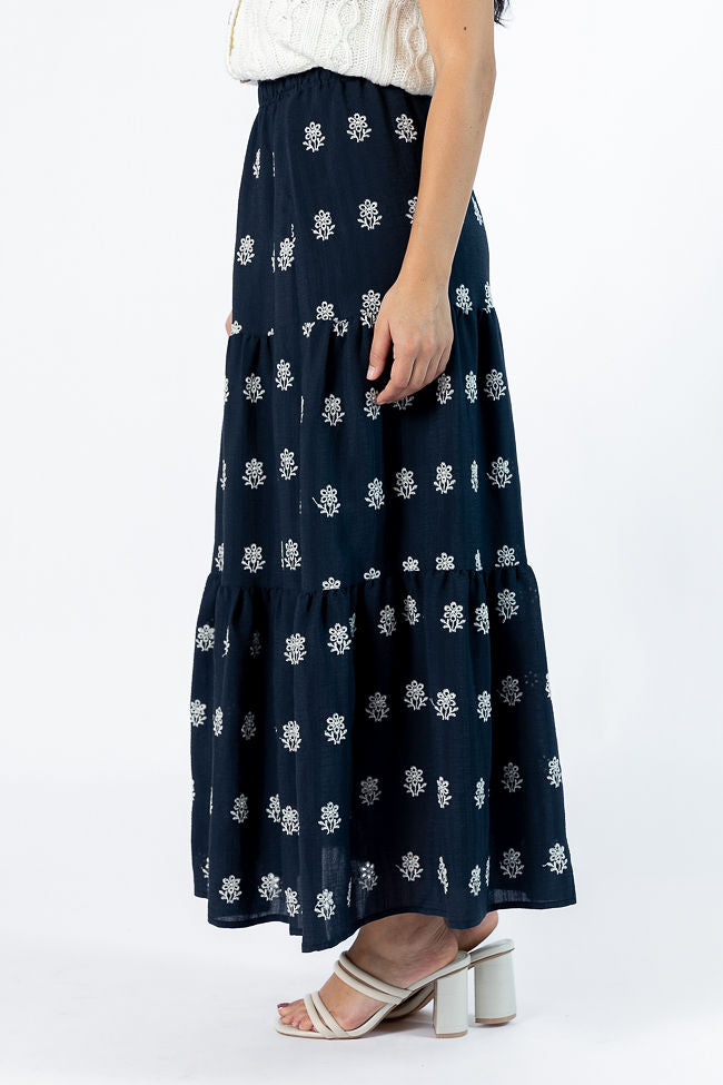 No Place Like This Navy Embroidered Maxi Skirt Clearance Purchase