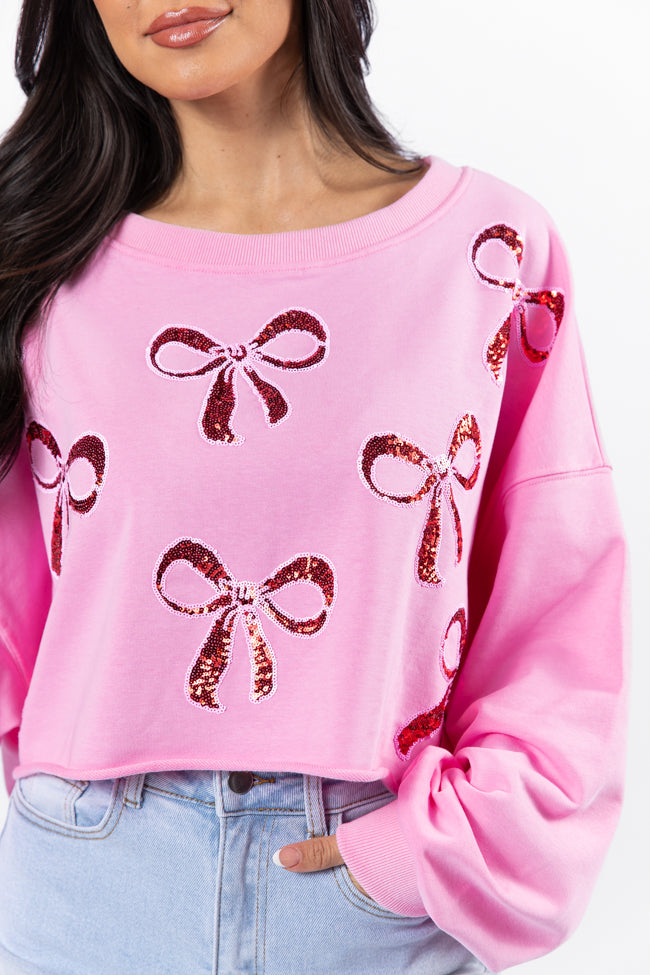 Wrapped Around My Finger Bow Sequin Patch Pink Cropped Sweatshirt FINAL SALE Free Shipping Recommend