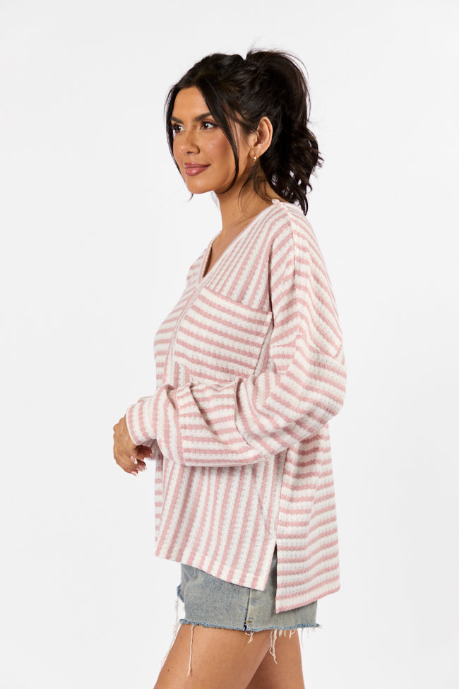 All For Sun Pink and Ivory Striped Knit V-Neck Long Sleeve Tee Lowest Pice Cheap Pice