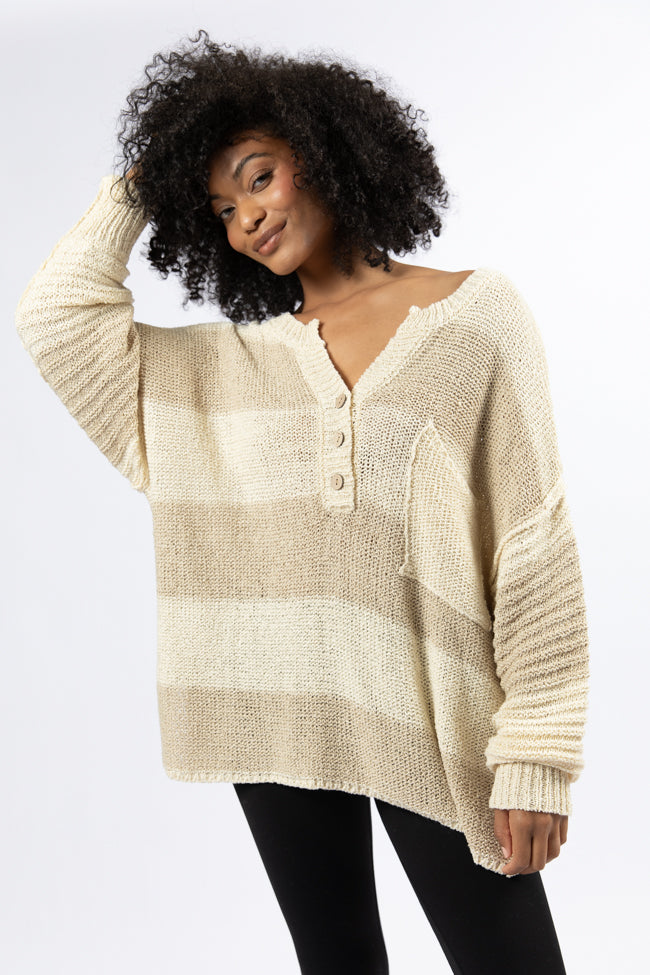 Know You Best Beige Oversized Striped Henley Sweater Cheap Sale Huge Surprise