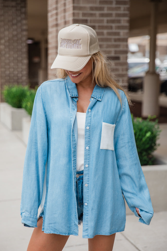 Talk It Over Waffle Detail Chambray Button Front Blouse SALE Cheap Sale Footlocker Finishline