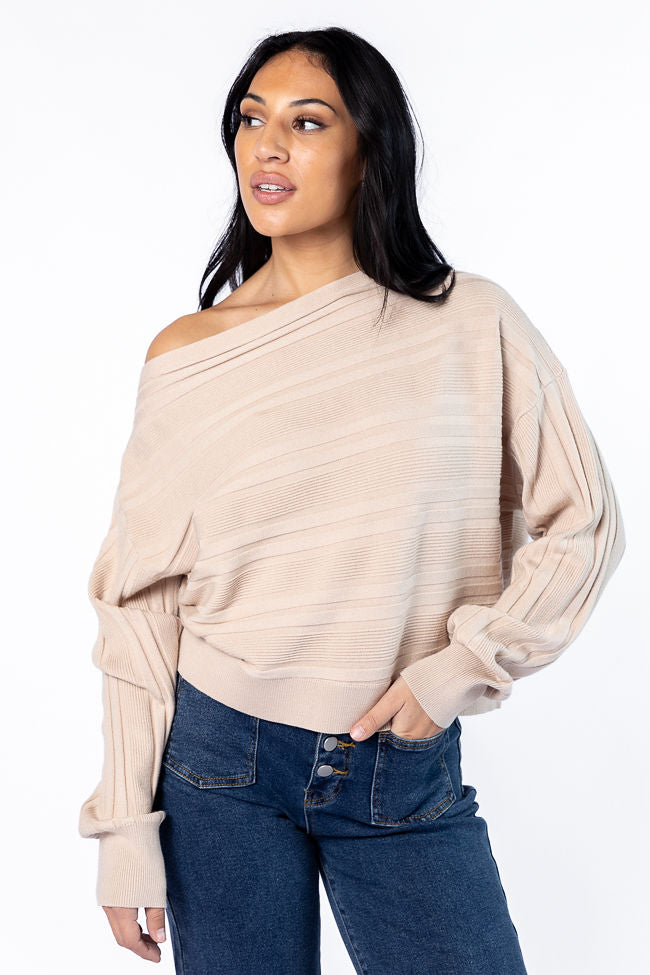 Feels Right Beige Off The Shoulder Ribbed Sweater 100% Original