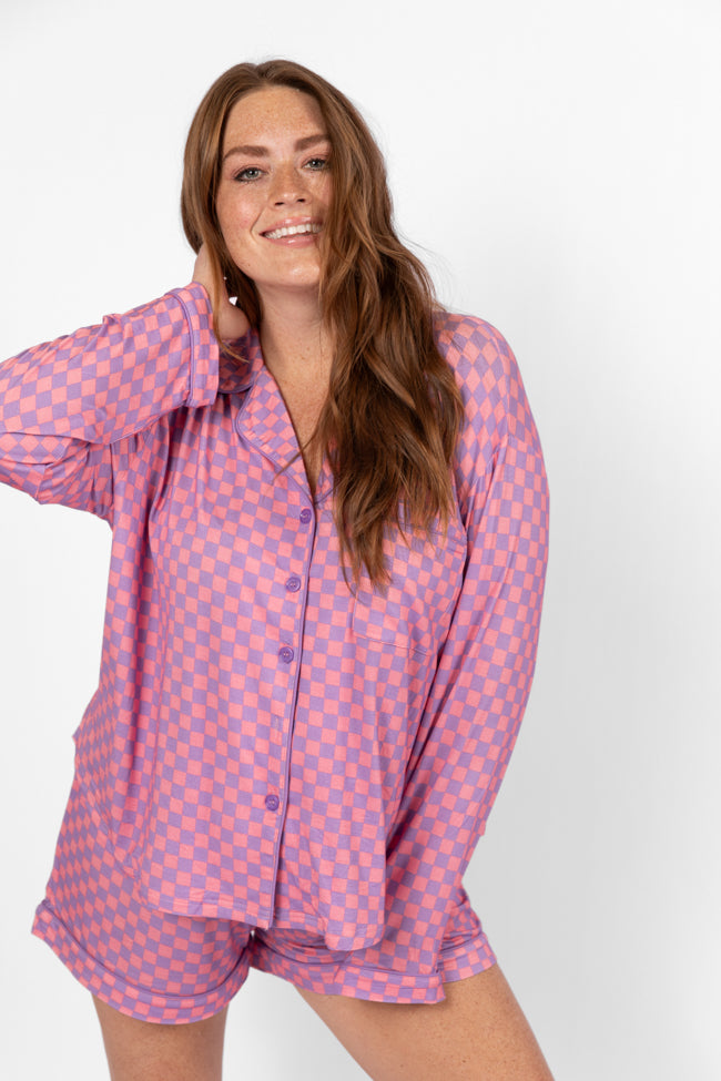 Good To Get Away Light Pink and Lilac Checkered Long Sleeve Pajama Top Low Pice Fee Shipping