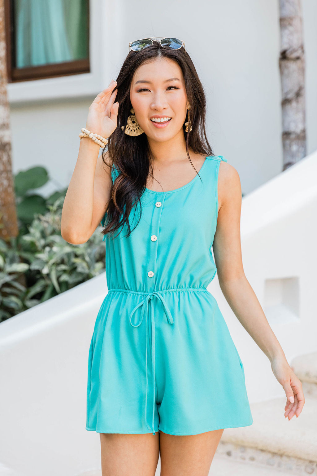 Saturday Afternoon Teal Tie Strap Button Romper FINAL SALE Purchase Cheap Pice