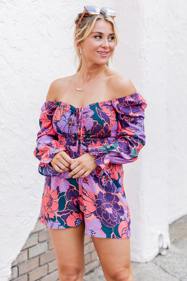 A New Look Purple Floral Printed Smocked Bust Long Sleeve Romper FINAL SALE Cheap Manchester Great Sale