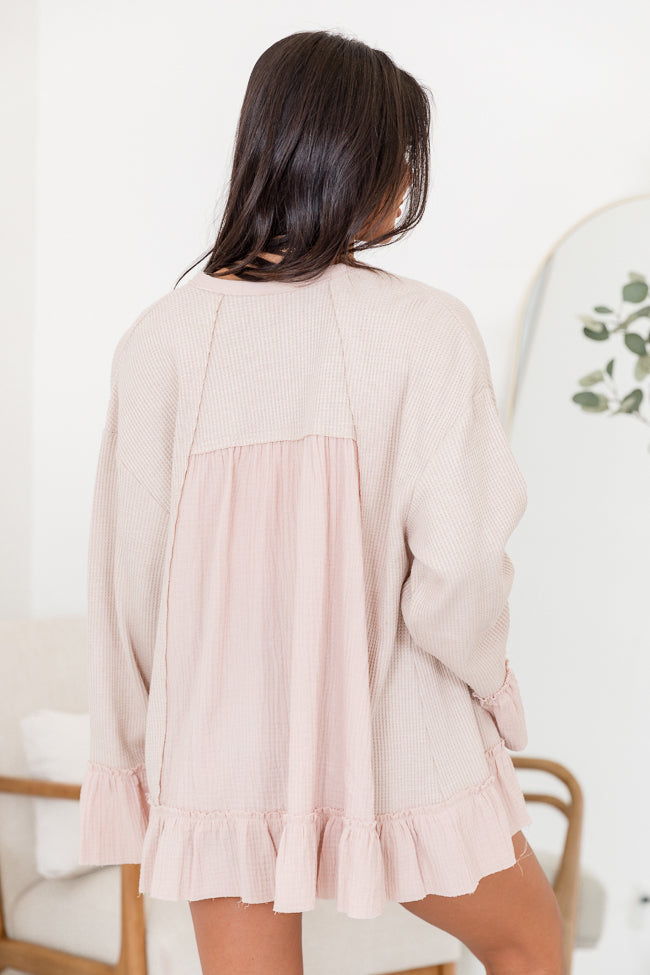 Let's Get Away Taupe Waffle Ruffle Hem Cardigan