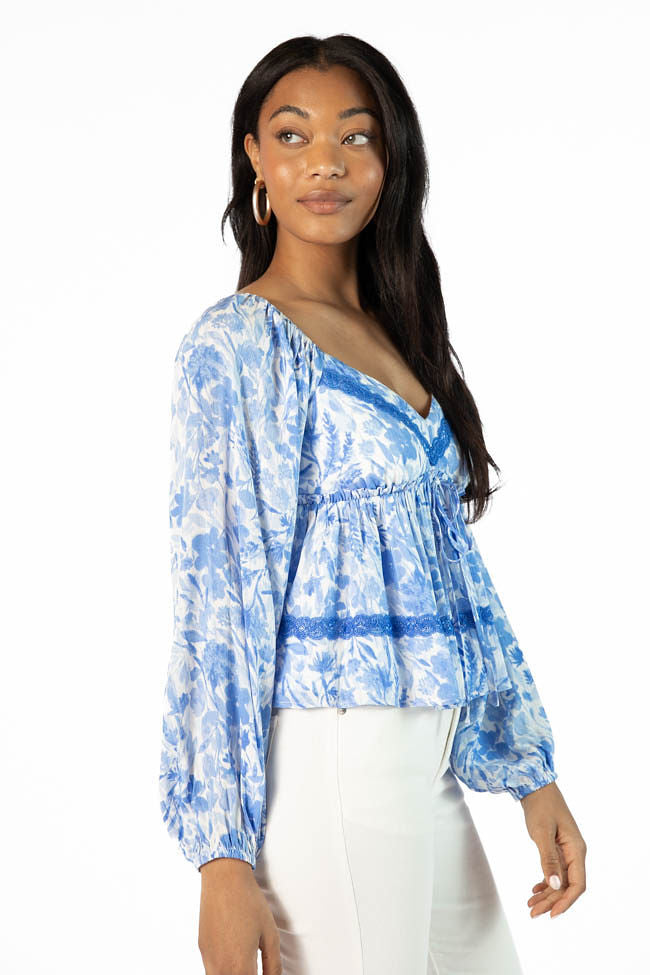 In My Dreams Blue Lace Trim Floral Blouse Sale Amazing Pice