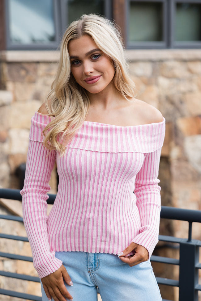 For What It Takes Pale Pink Ribbed Off The Shoulder Sweater FINAL SALE Looking For Cheap Pice