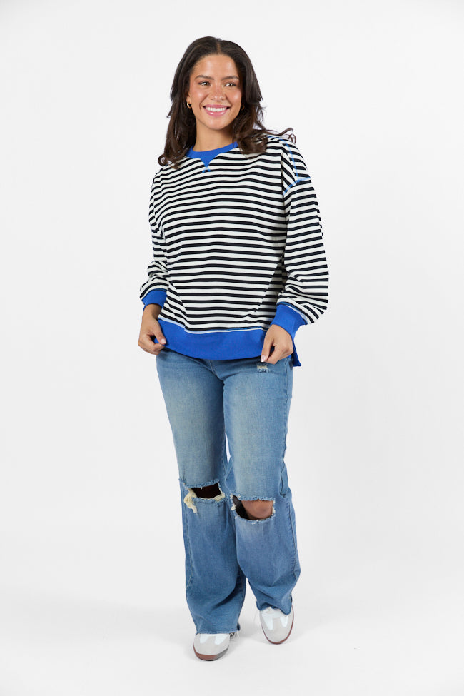 On A Dime Black and Blue Striped Sweatshirt Clearance Wiki