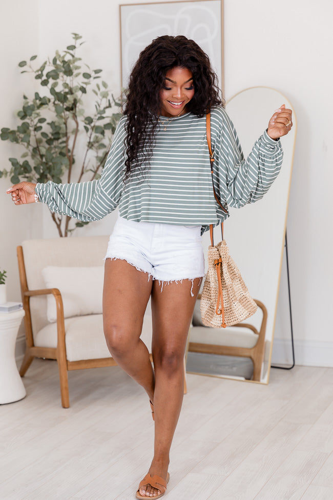 Oh Happy Days Sage Striped Crop Knit Tee Free Shipping