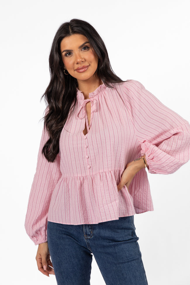 Oh My Darling Pink Stripe Notched Neckline Button Detail Peplum Blouse Discount Fast Delivery