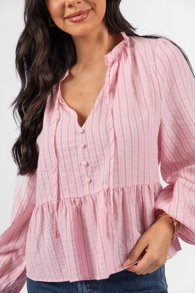 Oh My Darling Pink Stripe Notched Neckline Button Detail Peplum Blouse Discount Fast Delivery