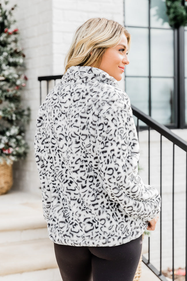 Too Much Fun Fuzzy Black And Ivory Leopard Print Quarter Zip FINAL SALE Sale Lowest Pice