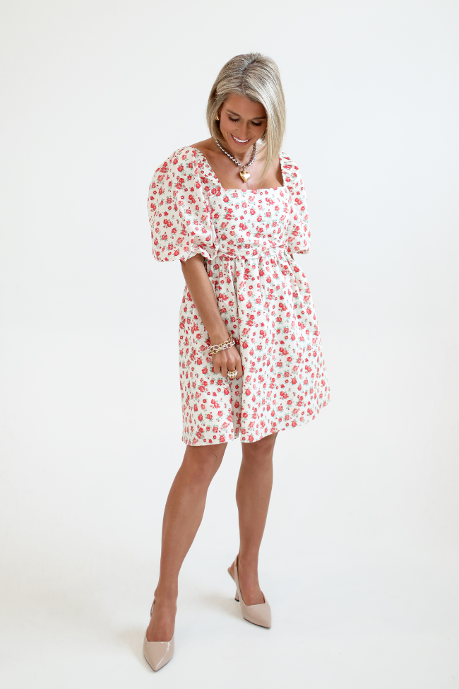 I'm Just A Girl Ivory and Red Rosette Printed Mini Dress Kalee Rogers X Pink Lily FINAL SALE