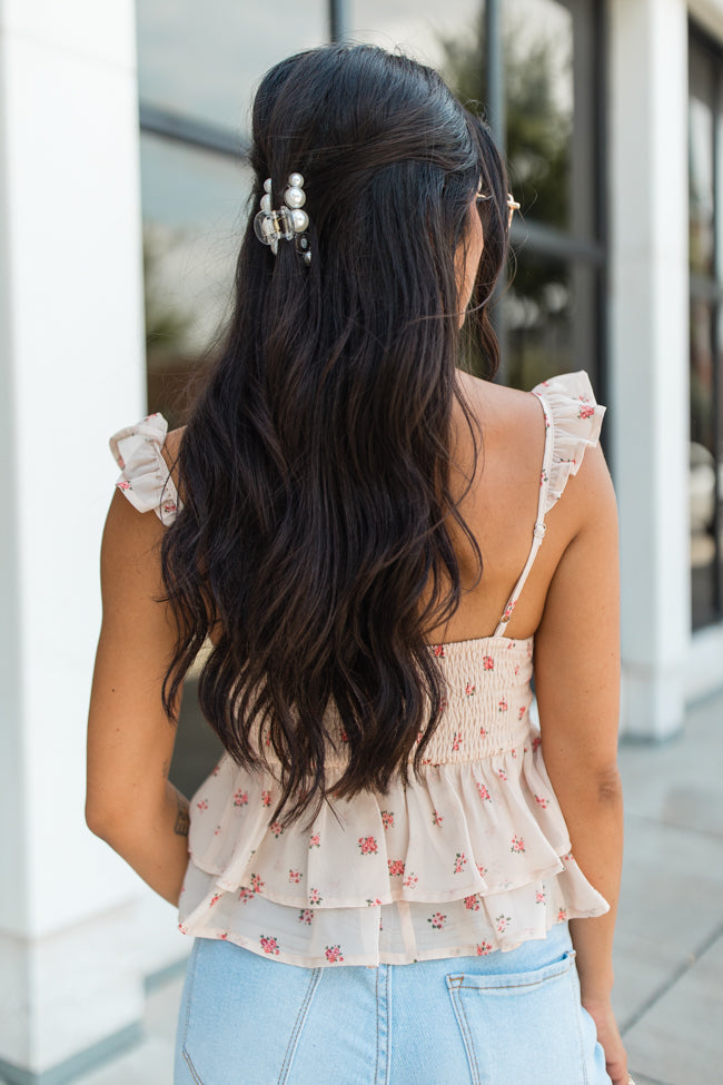 It's In The Past Beige Tie Bust Tiered Floral Tank FINAL SALE