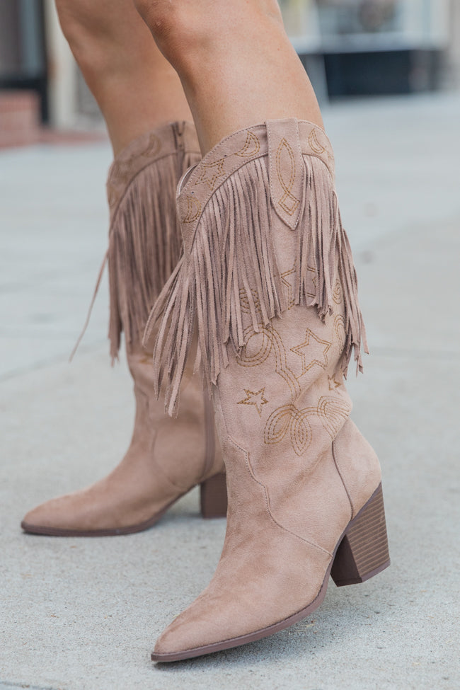 Fancy Suede Warm Taupe Fringe and Stars Boots Comfortable