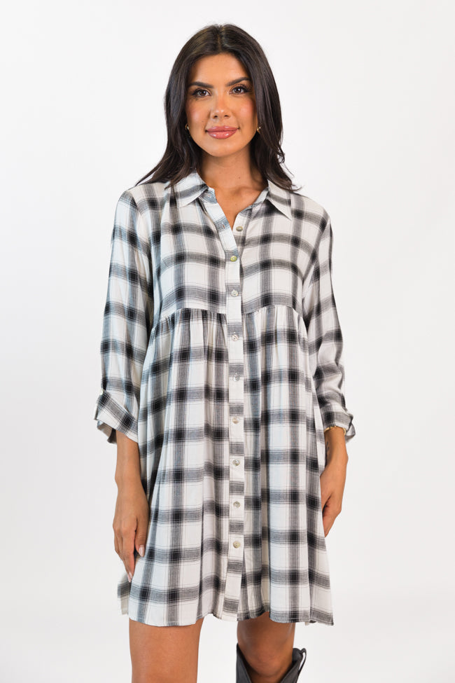 Let's Find Out Black And White Plaid Button Down Dress