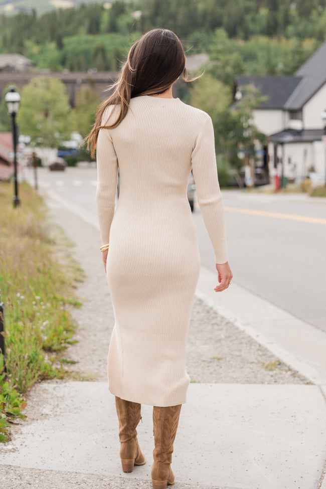 Next In Line Taupe Split Leg Mock Neck Midi Dress FINAL SALE Buy Cheap Classic