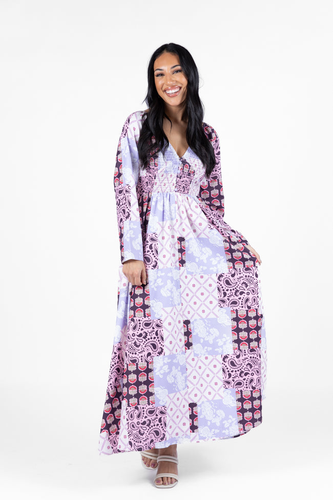 Falling Petals Purple Patchwork Printed Maxi Dress Comfortable Online