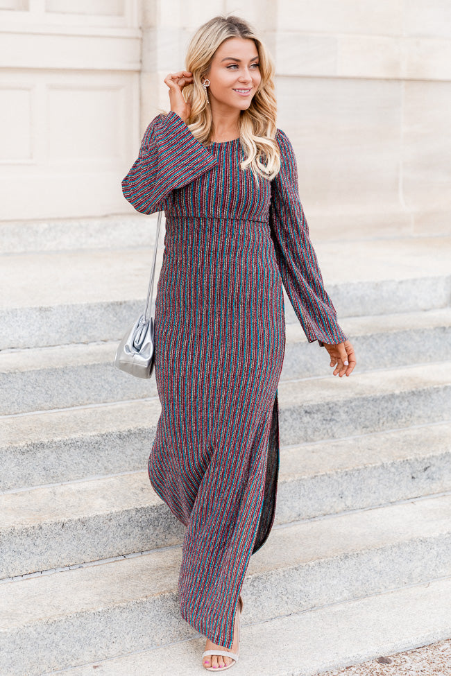 Joyful Journey Multi Color Shimmer Long Sleeve Maxi Dress FINAL SALE Cost Online