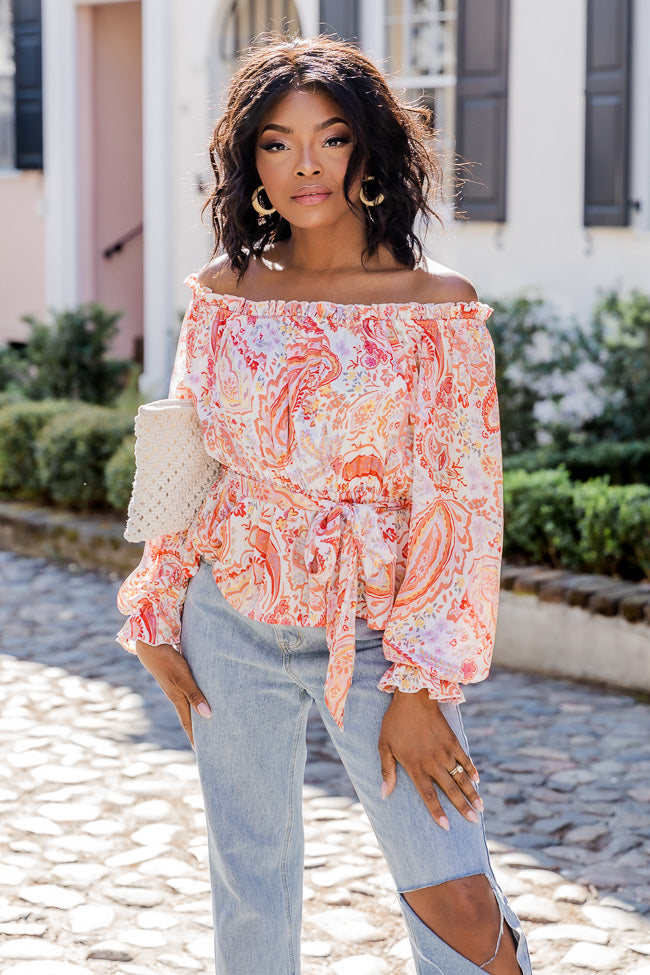 Off The Path Orange Paisley Off The Shoulder Belted Blouse FINAL SALE Free Shipping Best Place