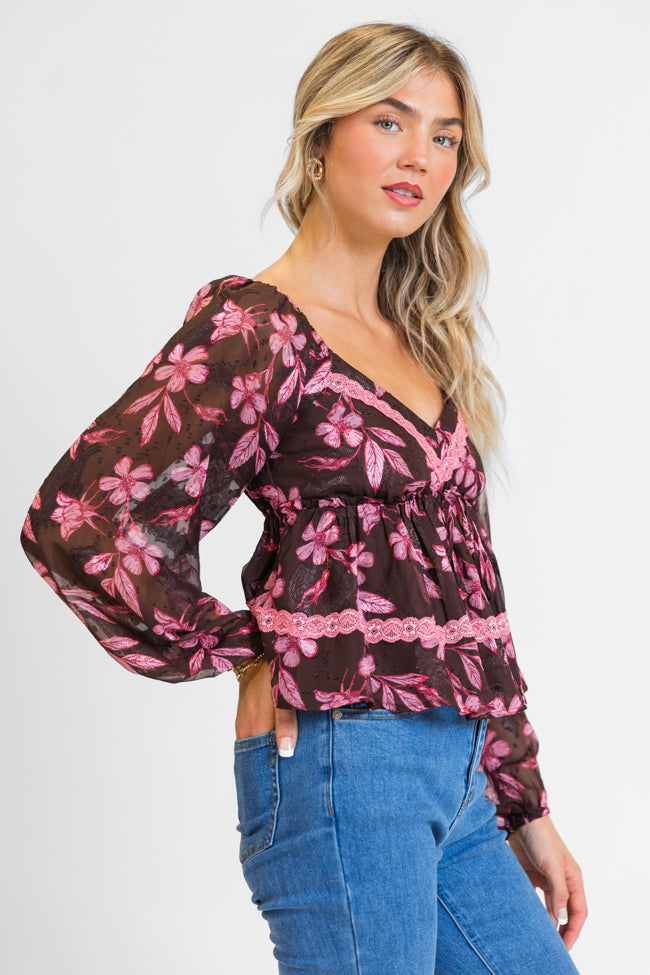 In My Dreams Brown and Pink Lace Trim Floral Blouse FINAL SALE Discount 2025 Unisex